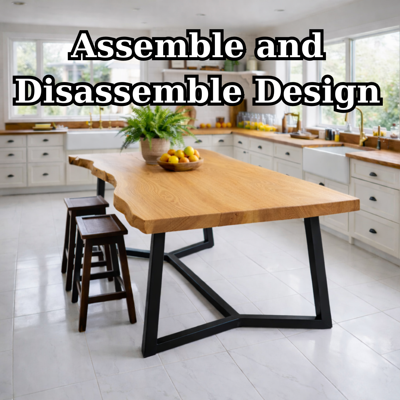 Live Edge Solid Wood Dining Table with Modern Black Metal Legs Rustic Kitchen Table