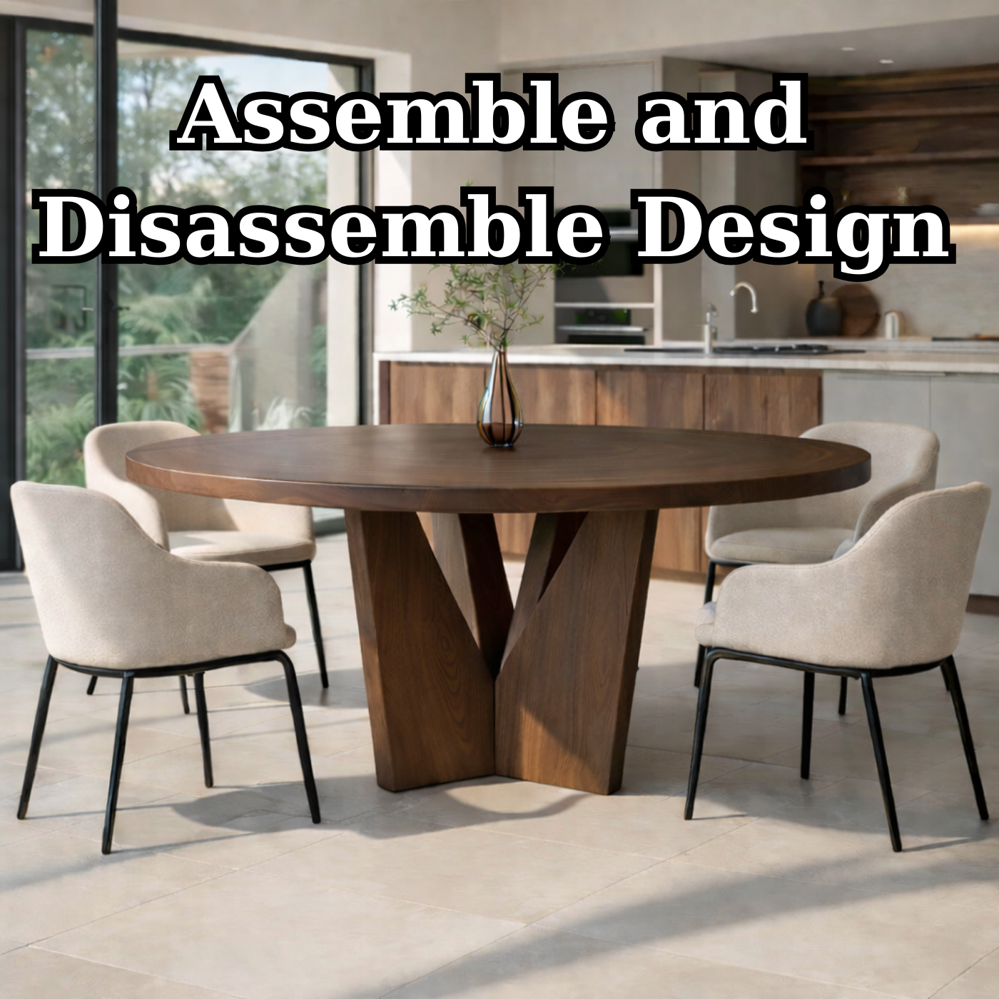 Round Solid Wood Dining Table with Sculptural Base Modern Walnut Kitchen Table