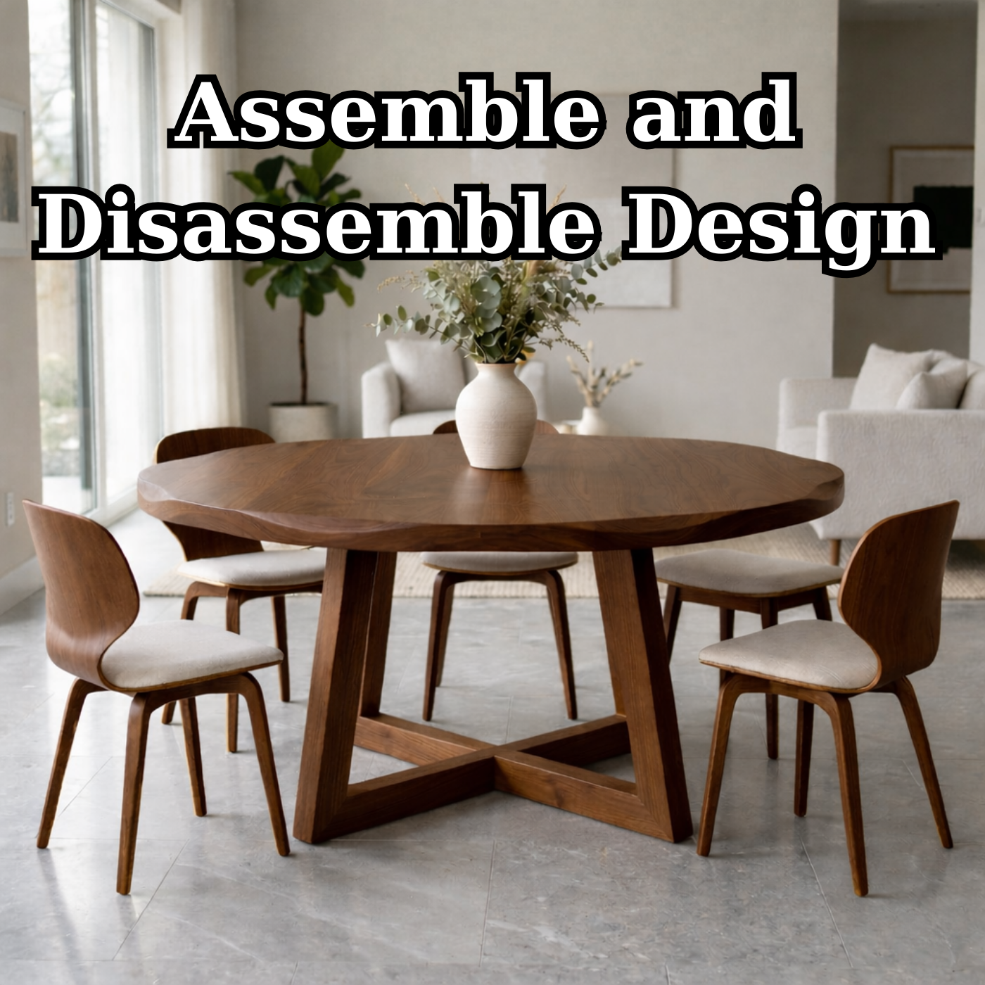 Round Solid Wood Dining Table for Dining Room with Sculptural Pedestal Base