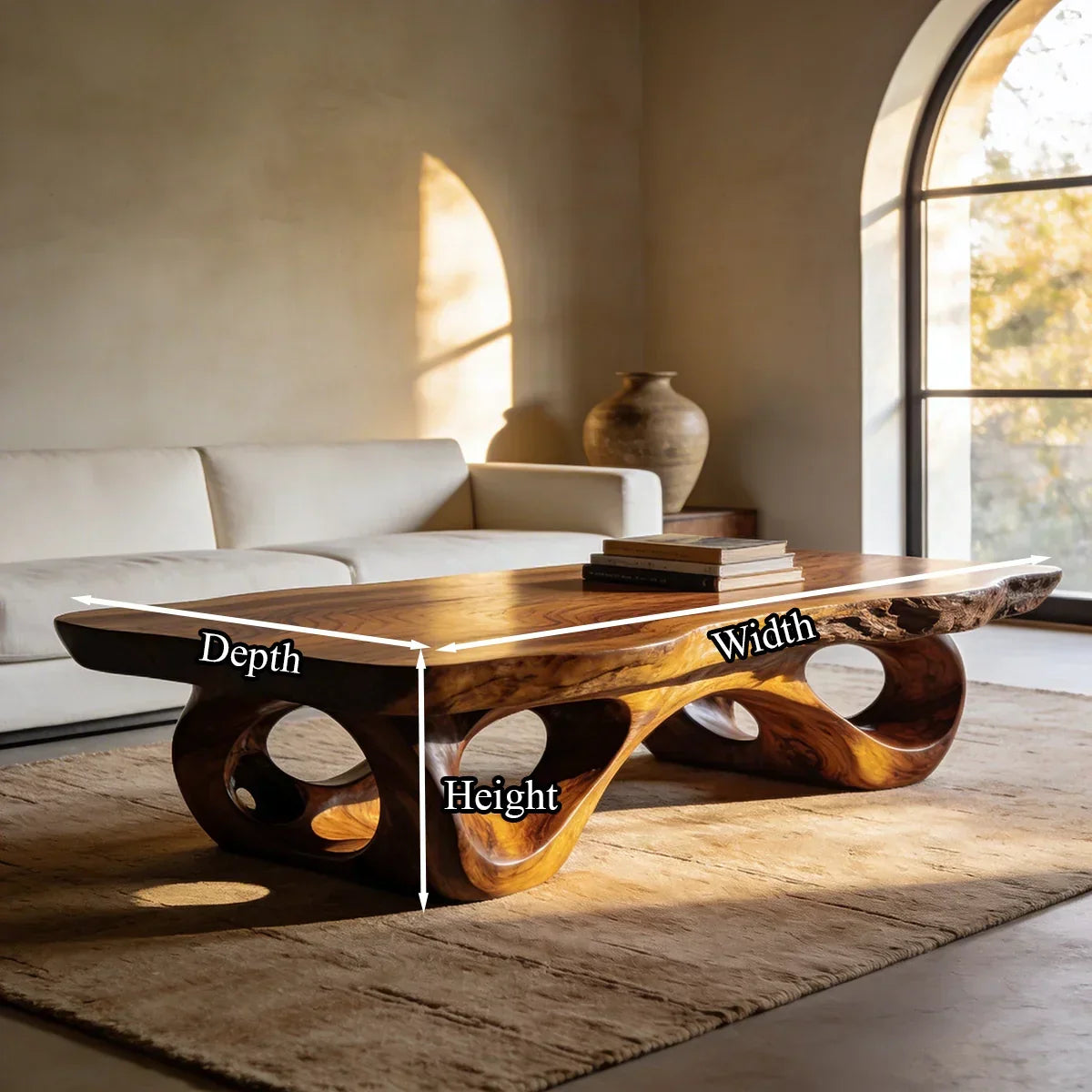 Sculptural Natural Wood Coffee Table with Organic Carved Base