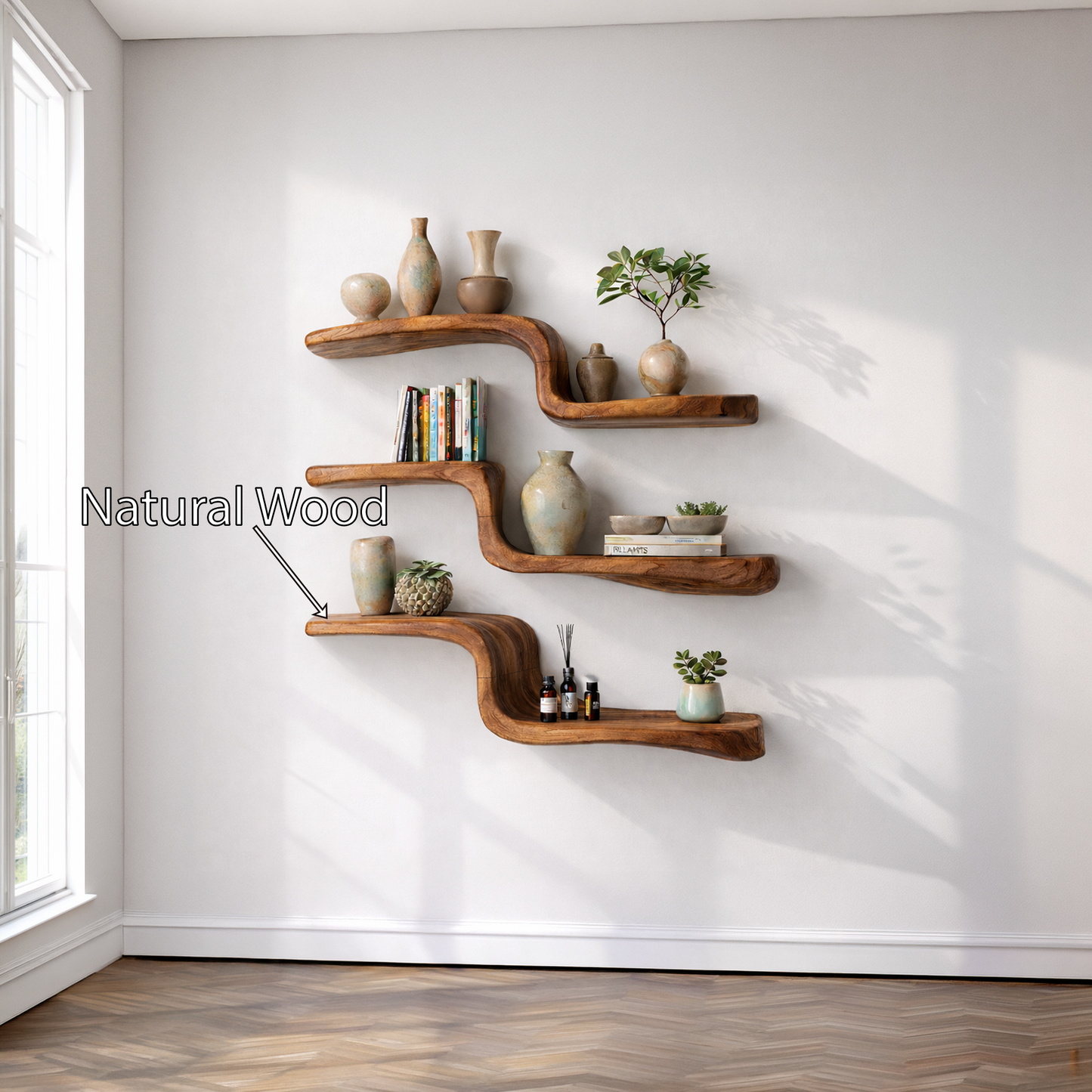 Natural Wood Floating Wall Shelf with Curved Layered Design