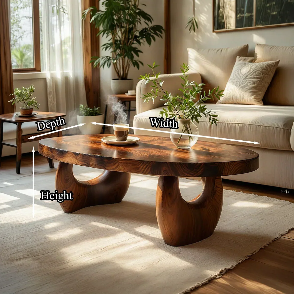 Organic Natural Wood Coffee Table with Sculpted Open Base