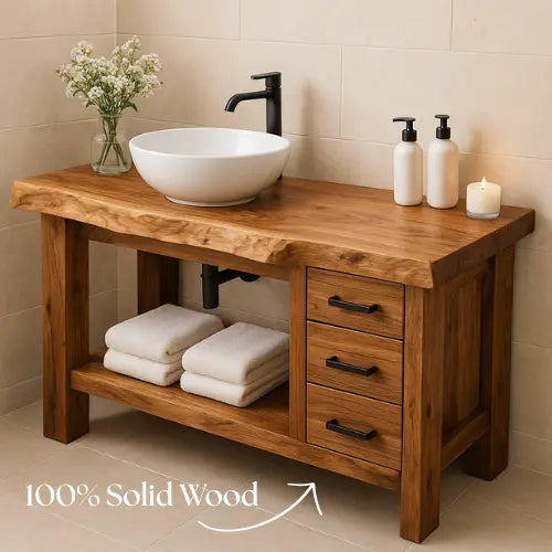 Rustic Solid Wood Bathroom Vanity – Handcrafted Live Edge Countertop with 3 Drawers & Open Shelf – Farmhouse Natural Wood Sink Stand Kitchnce