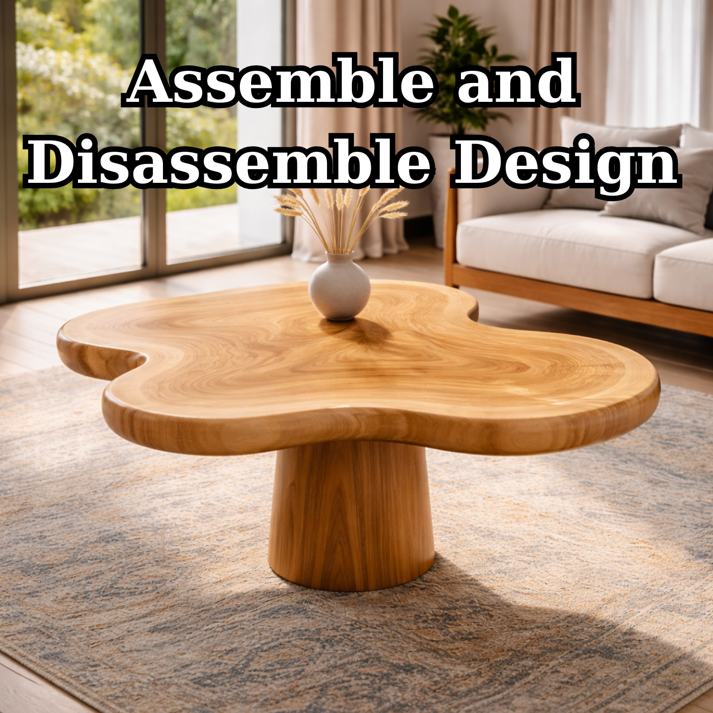 Organic Shape Solid Wood Coffee Table with Sculpted Pedestal Base