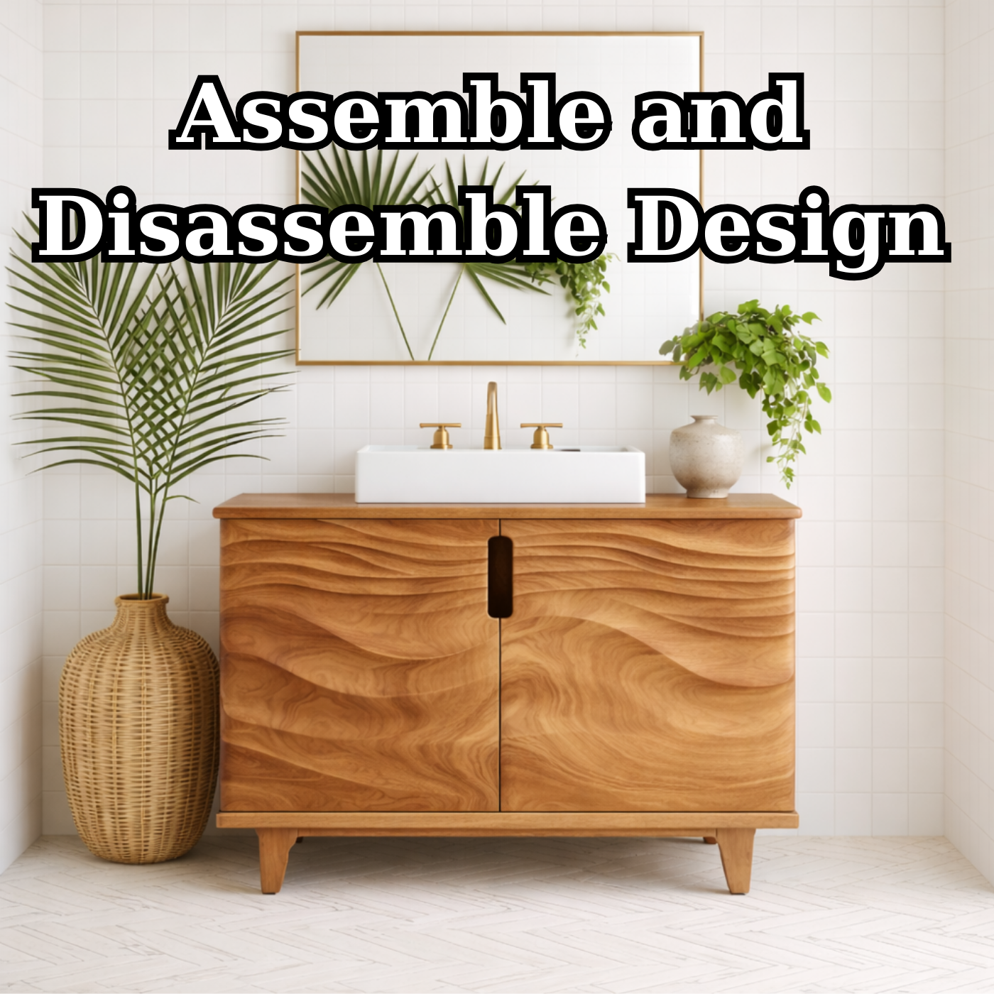 Solid Wood Bathroom Vanity for Modern Bathroom with Wave Textured Doors
