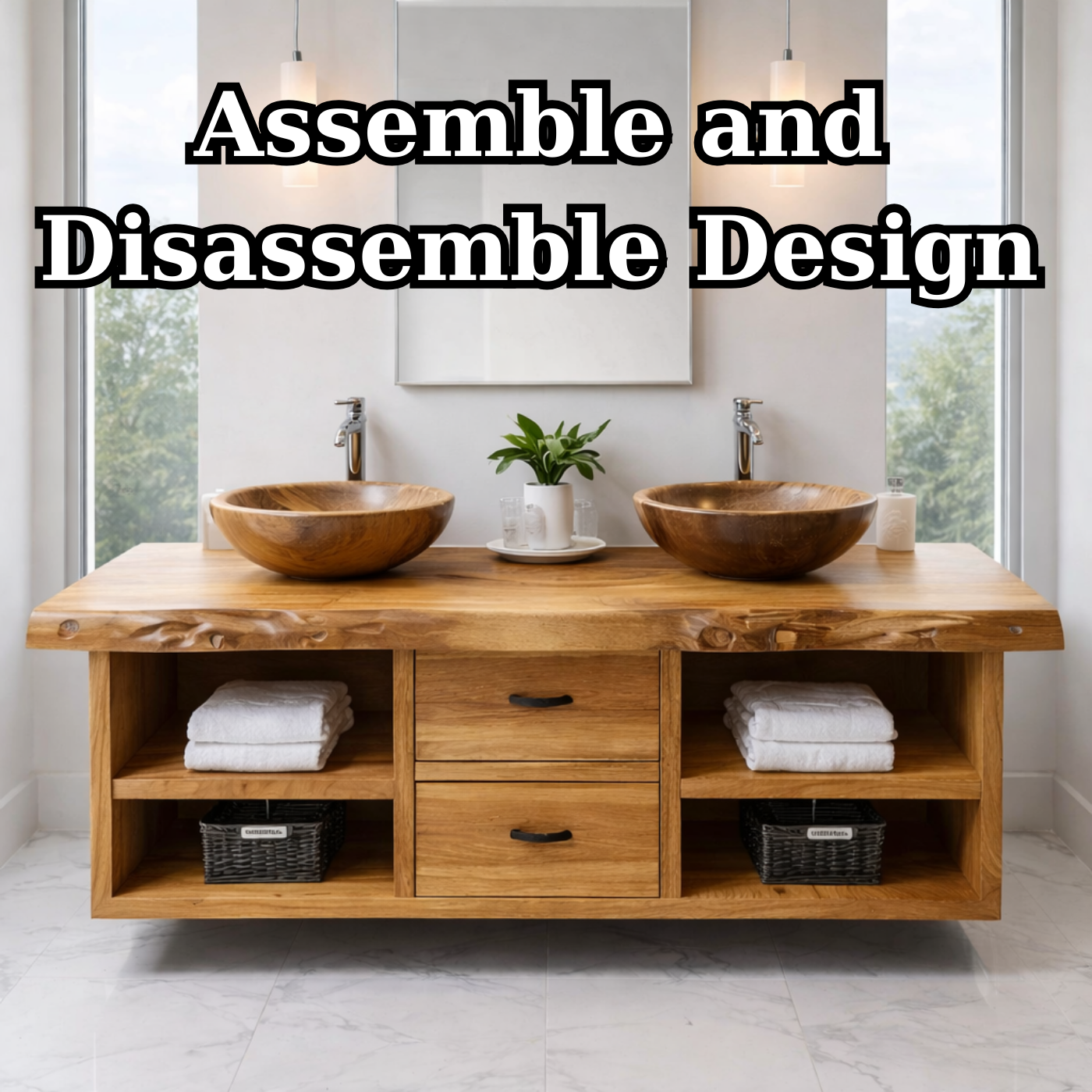 Floating Solid Wood Bathroom Vanity Cabinet with Drawers and Open Shelves