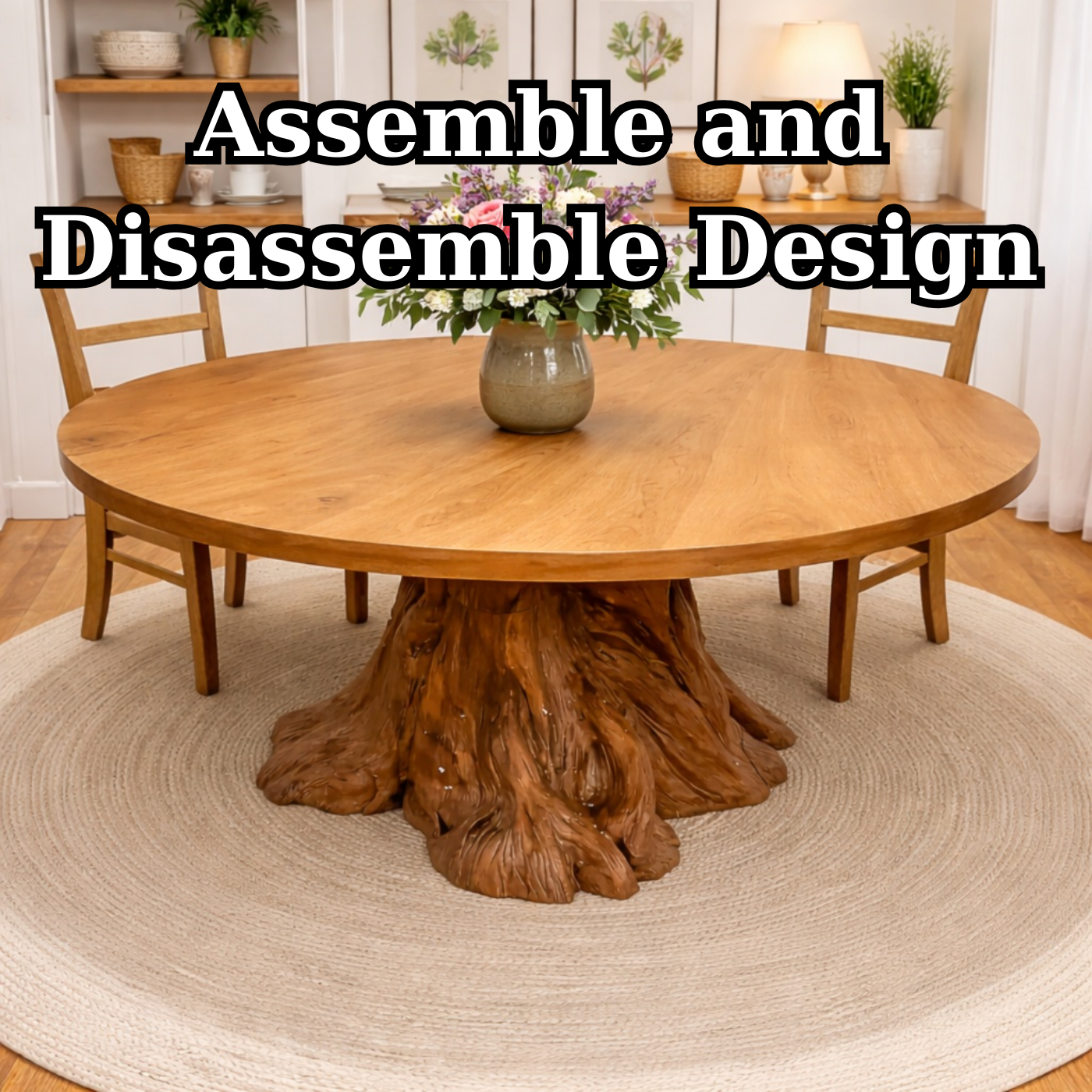 Round Solid Wood Dining Table with Natural Tree Stump Pedestal Base