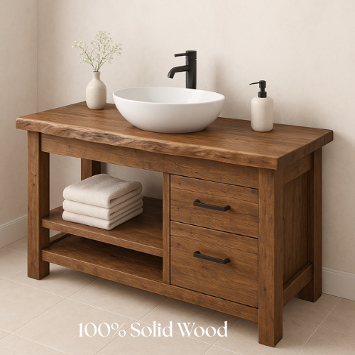 Handcrafted Solid Wood Bathroom Vanity – Rustic Live Edge Countertop with 2 Drawers & Open Shelf – Farmhouse Natural Finish Kitchnce