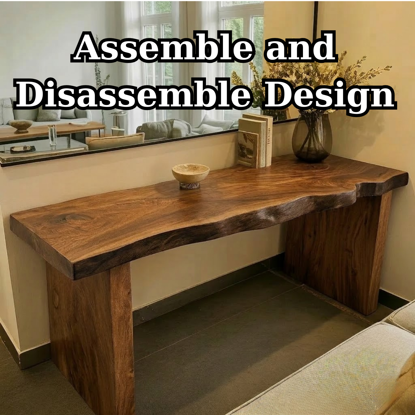 Solid Wood Console Table with Live Edge Top and Simple Block Base