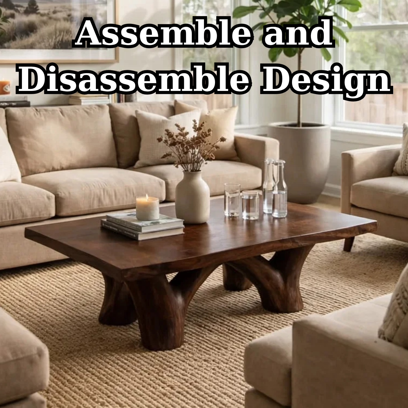 Solid Wood Rustic Coffee Table with Sculpted Base – Live Edge Living Room Coffee Table