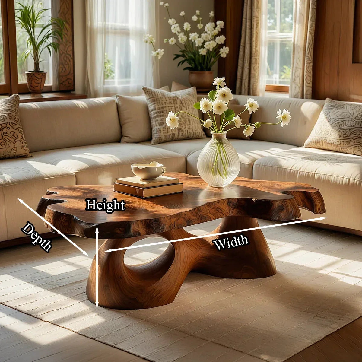 Sculptural Live Edge Natural Wood Coffee Table with Carved Base