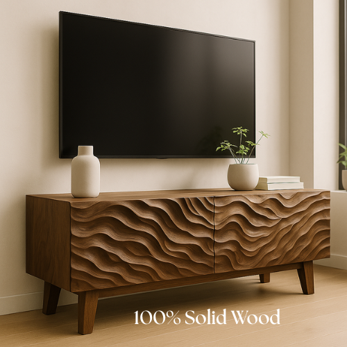 Handcrafted Solid Walnut TV Stand with 3D Wave Texture – Modern Sculpted Wood Media Console Kitchnce