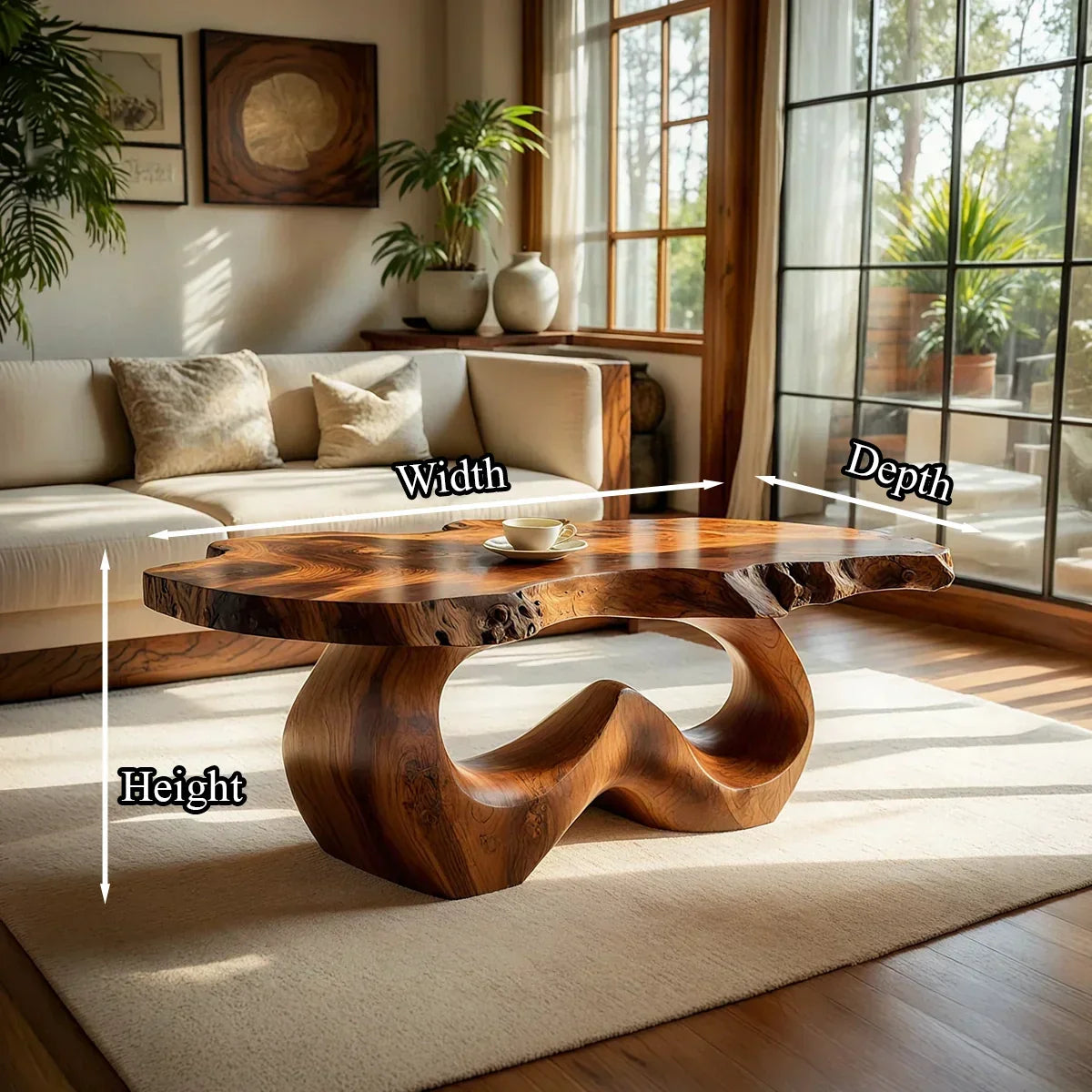 Live Edge Natural Wood Coffee Table with Sculpted Open-Form Base