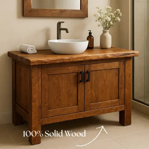 Handcrafted Solid Oak Bathroom Vanity – Live Edge Countertop with Double Doors – Rustic Modern Wood Design for Warm Natural Bathroom Interiors Kitchnce