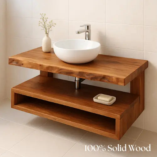 Handcrafted Floating Solid Wood Bathroom Vanity – Rustic Live Edge Countertop with Open Shelf – Modern Minimalist Design Kitchnce