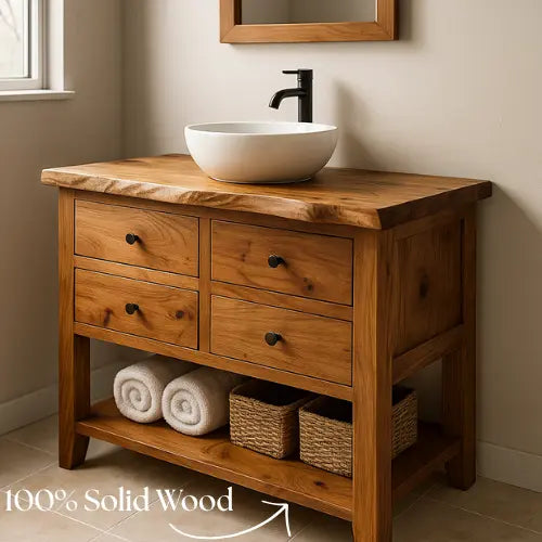 Rustic Handcrafted Solid Wood Bathroom Vanity – Live Edge with Four Drawers & Open Shelf Kitchnce
