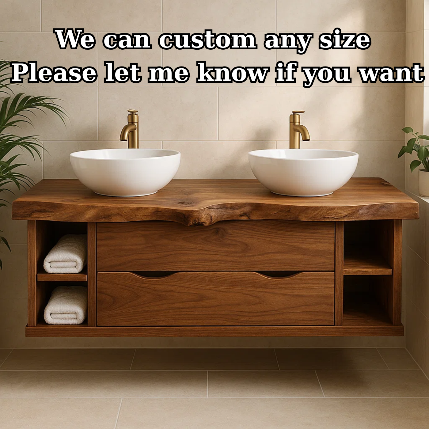Rustic Double Sink Solid Wood Floating Bathroom Vanity with Live Edge Countertop