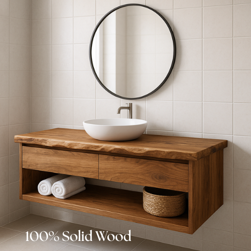 Handcrafted Floating Solid Wood Bathroom Vanity – Live Edge Countertop with Drawer and Open Shelf – Modern Organic Wall-Mount Design Kitchnce