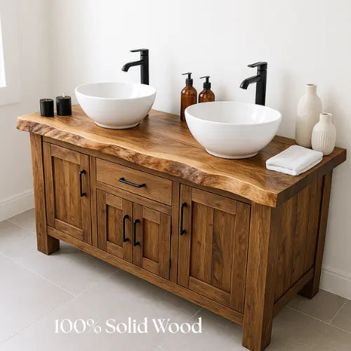 Handcrafted Solid Wood Double Sink Bathroom Vanity – Rustic Live Edge Countertop with Cabinets & Center Drawer – Farmhouse Natural Finish Kitchnce