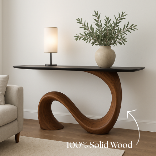 Handcrafted Solid Wood Wave Console Table – Modern Sculptural Form Kitchnce