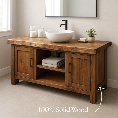 Handcrafted Solid Wood Bathroom Vanity – Live Edge Top with Dual Cabinets & Center Open Shelf Kitchnce