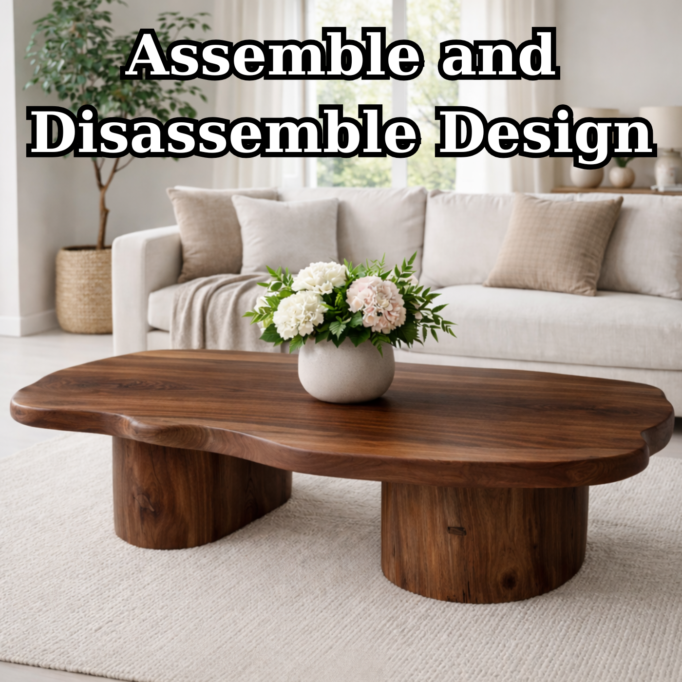 Solid Wood Coffee Table with Organic Shape & Dual Pedestal Base – Modern Rustic Design