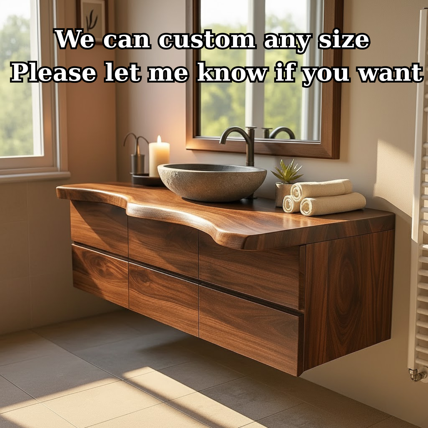 Luxury Solid Walnut Floating Bathroom Vanity with Sculpted Live Edge Countertop and Soft-Close Drawers
