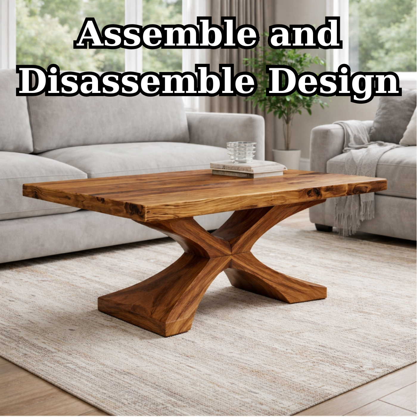 Solid Wood Coffee Table with Sculptural X Base – Modern Rustic Living Room Table