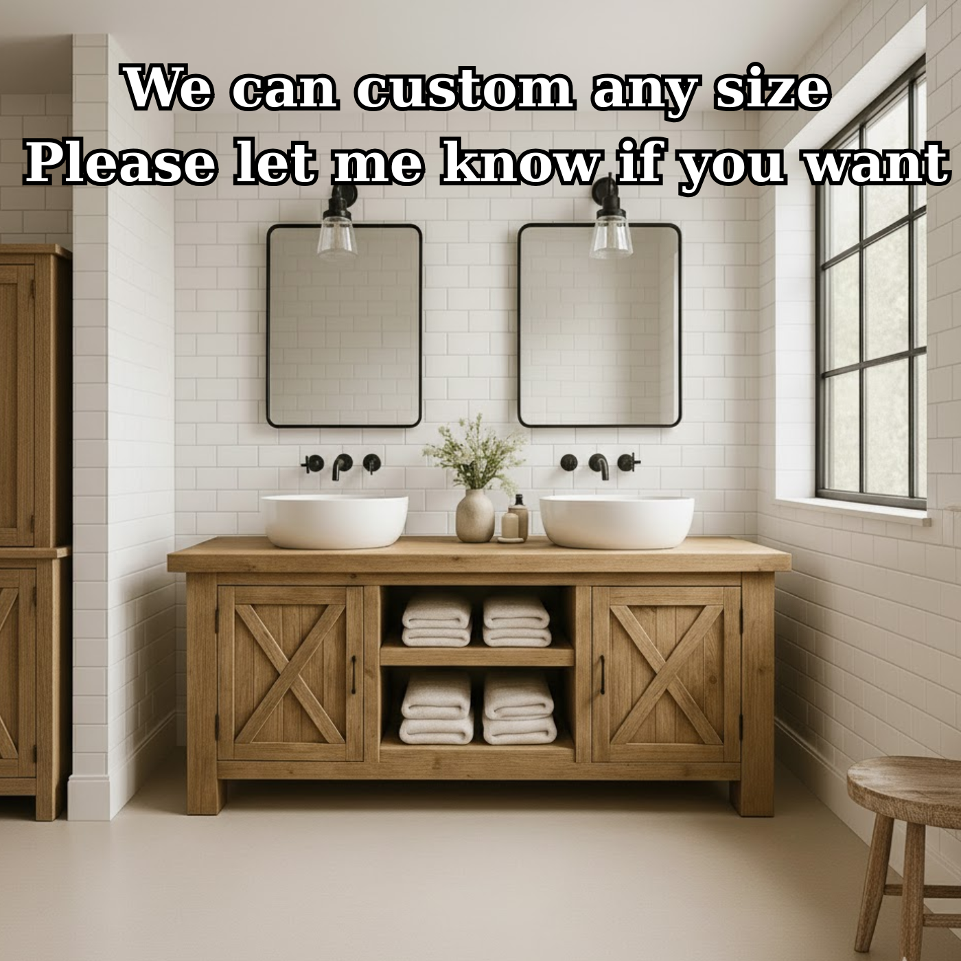 Solid Wood Double Bathroom Vanity Cabinet with Sliding Barn-Style Doors and Open Center Shelving