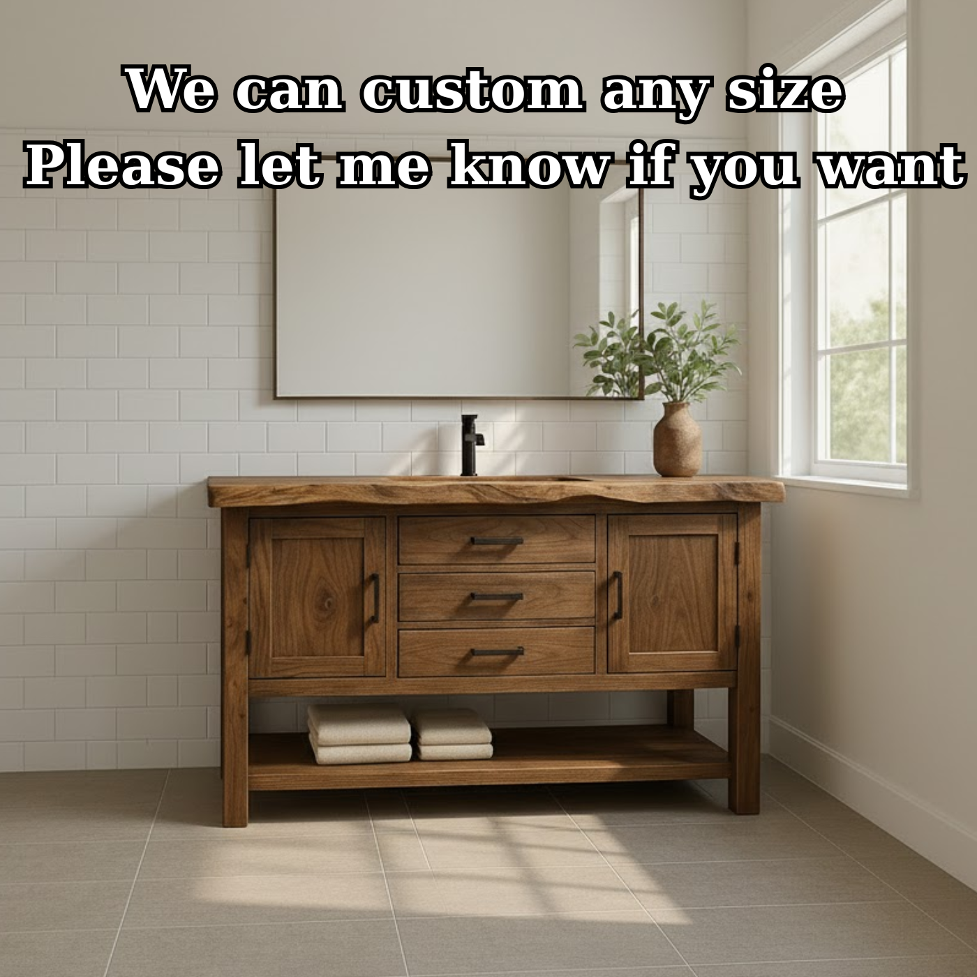 Solid Wood Bathroom Vanity with 3 Drawers, Double Door Cabinet, and Open Bottom Shelf