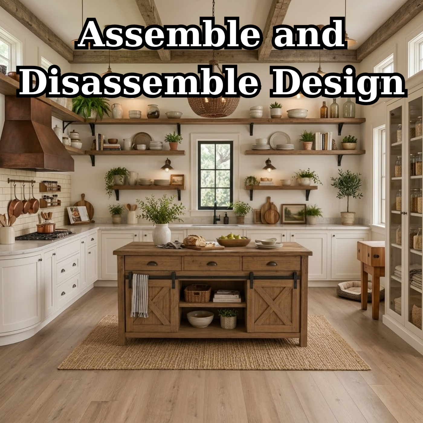 Solid Wood Kitchen Island with Sliding Barn Doors – Rustic Farmhouse Kitchen Table, Wooden Prep Island with Storage