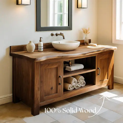 Handcrafted Solid Wood Bathroom Vanity – Live Edge with Shelves and Cabinet Kitchnce