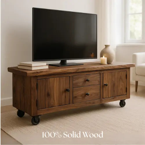 Handcrafted Solid Walnut TV Stand with Live Edge Top and Casters – Rustic Modern Media Console Kitchnce