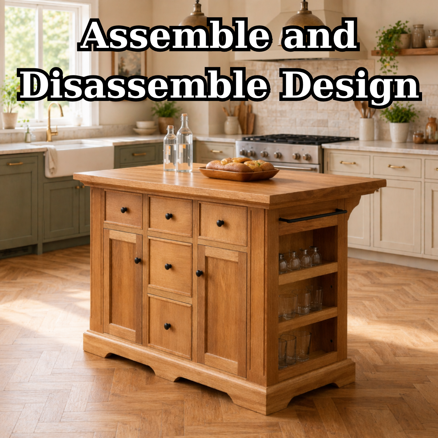 Solid Wood Kitchen Island with Storage Drawers – Farmhouse Kitchen Cabinet