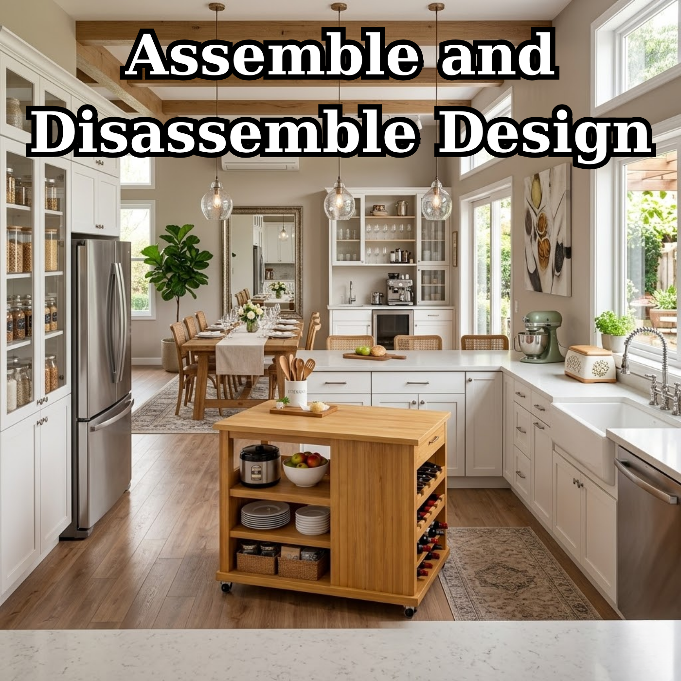 Solid Wood Kitchen Island Cart with Storage – Oak Prep Table with Wine Rack