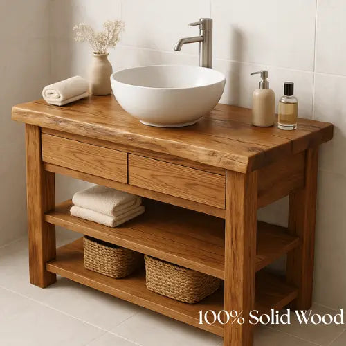 Solid Wood Bathroom Vanity – Handcrafted Live Edge Countertop with Drawers & Open Shelves – Rustic Farmhouse Vanity for Modern Interiors Kitchnce
