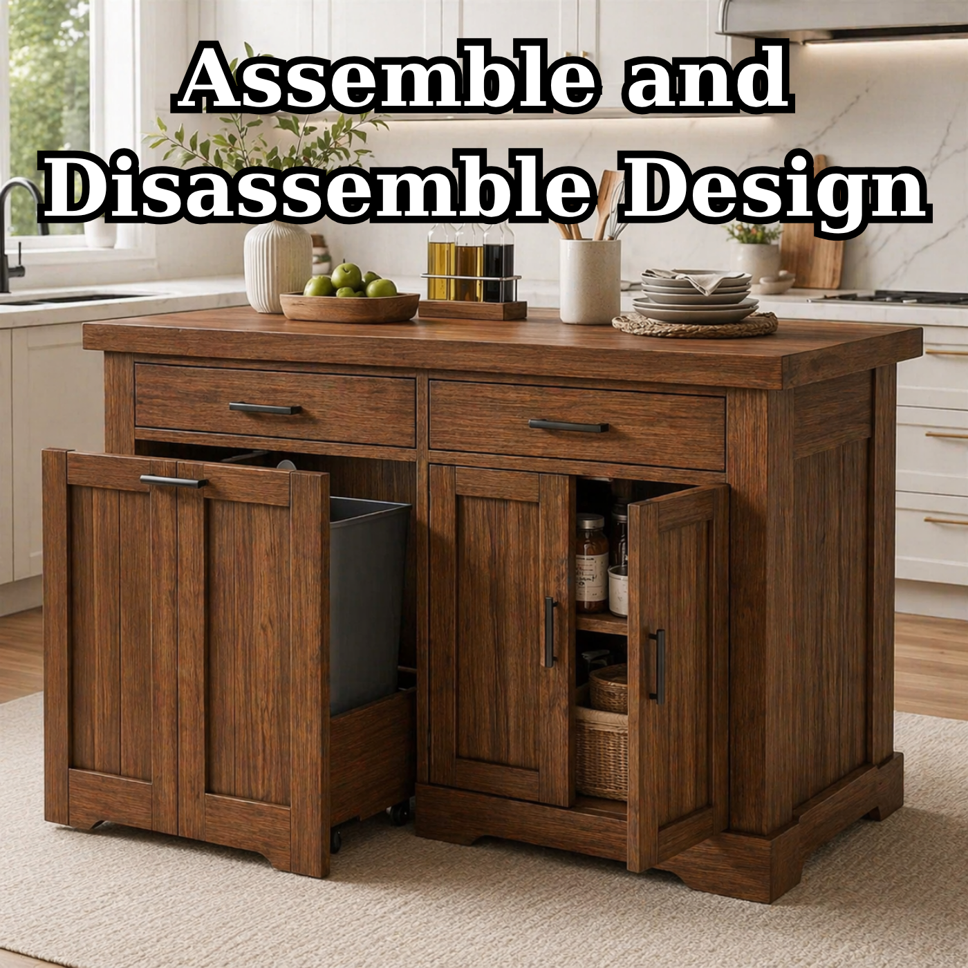Solid Wood Kitchen Island with Trash Storage – Prep Table with Cabinets