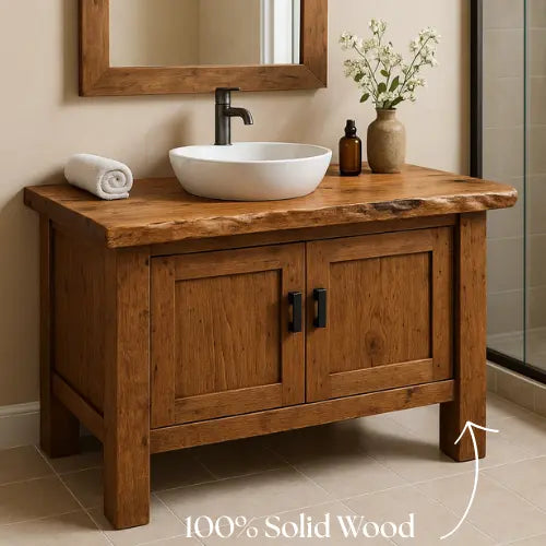 Handcrafted Solid Wood Bathroom Vanity – Live Edge Countertop with Double Door Storage Kitchnce