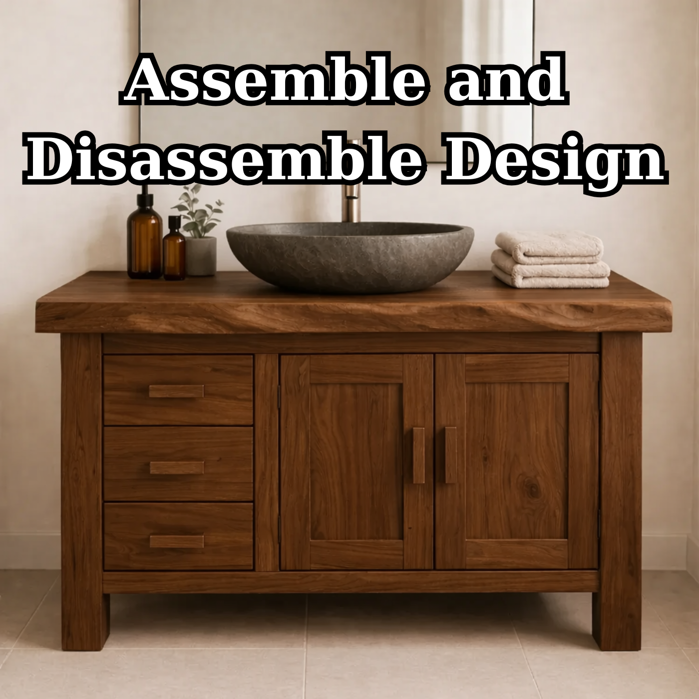 Rustic Solid Wood Bathroom Vanity Cabinet with Drawers and Double Door Storage
