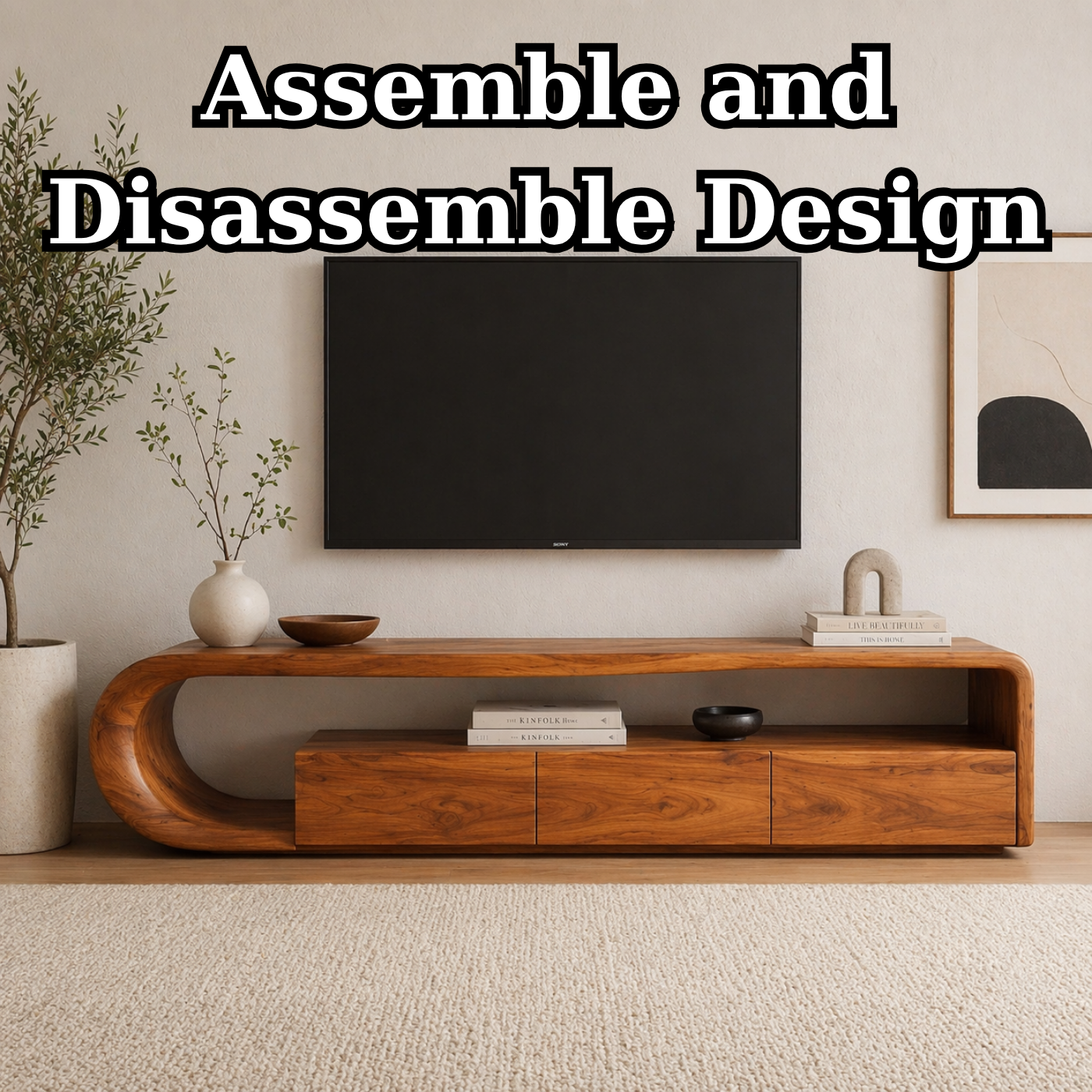 Solid Wood TV Stand with Curved Base – Modern Low Profile Media Console with Storage