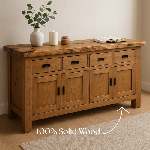 Handcrafted Solid Wood Live Edge Console Table – Natural Oak with Drawers and Cabinets Kitchnce