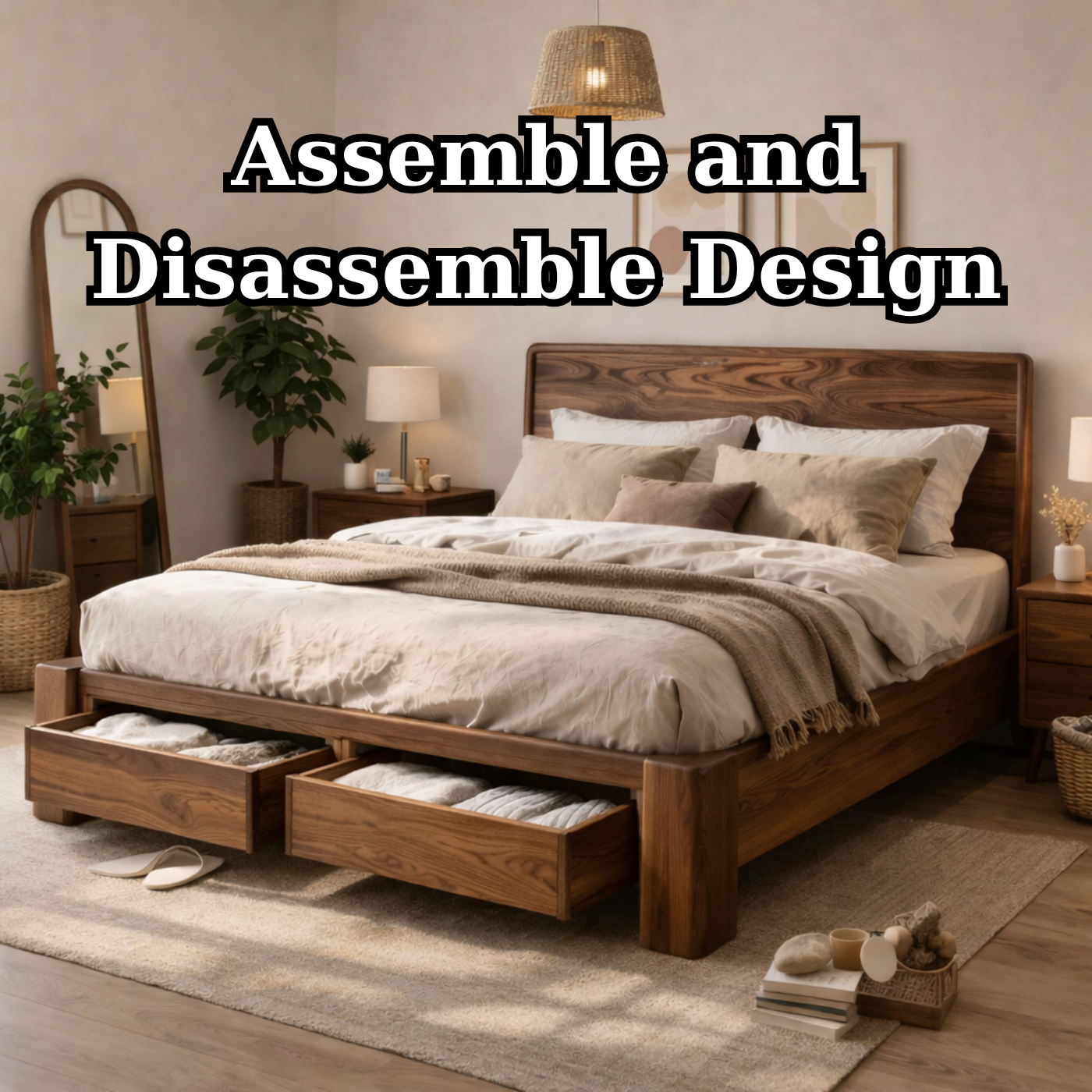 Solid Wood Bed Frame with Storage Drawers – Modern Rustic Platform Bed