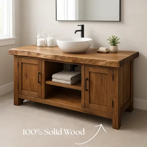 Handcrafted Solid Walnut Bathroom Vanity – Live Edge Wood Countertop with Double Cabinets & Open Shelf – Modern Rustic Design for Warm Spaces Kitchnce