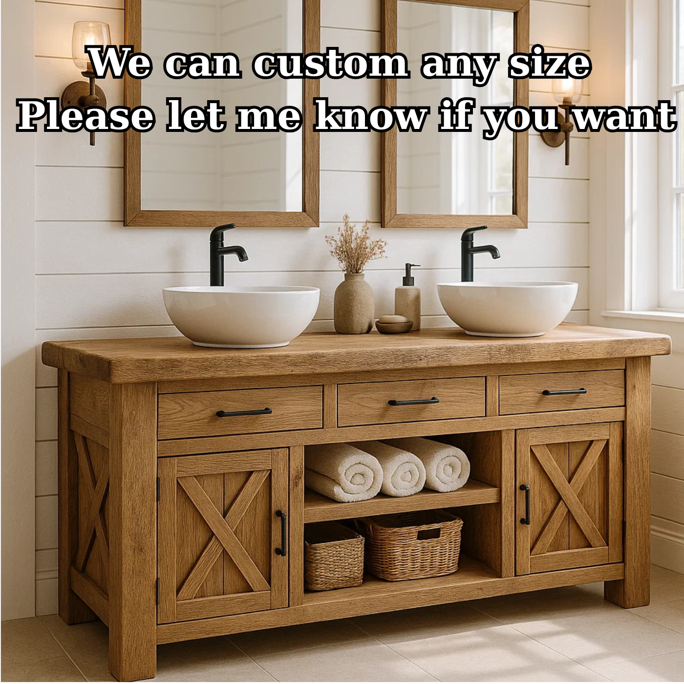 Farmhouse Solid Wood Double Bathroom Vanity with 3 Drawers, Sliding Barn Doors and Open Shelf