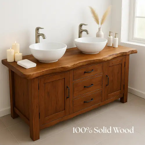 Handcrafted Double Sink Bathroom Vanity – Solid Wood Live Edge Countertop with Drawers & Cabinets – Rustic Modern Design for Natural Interiors Kitchnce