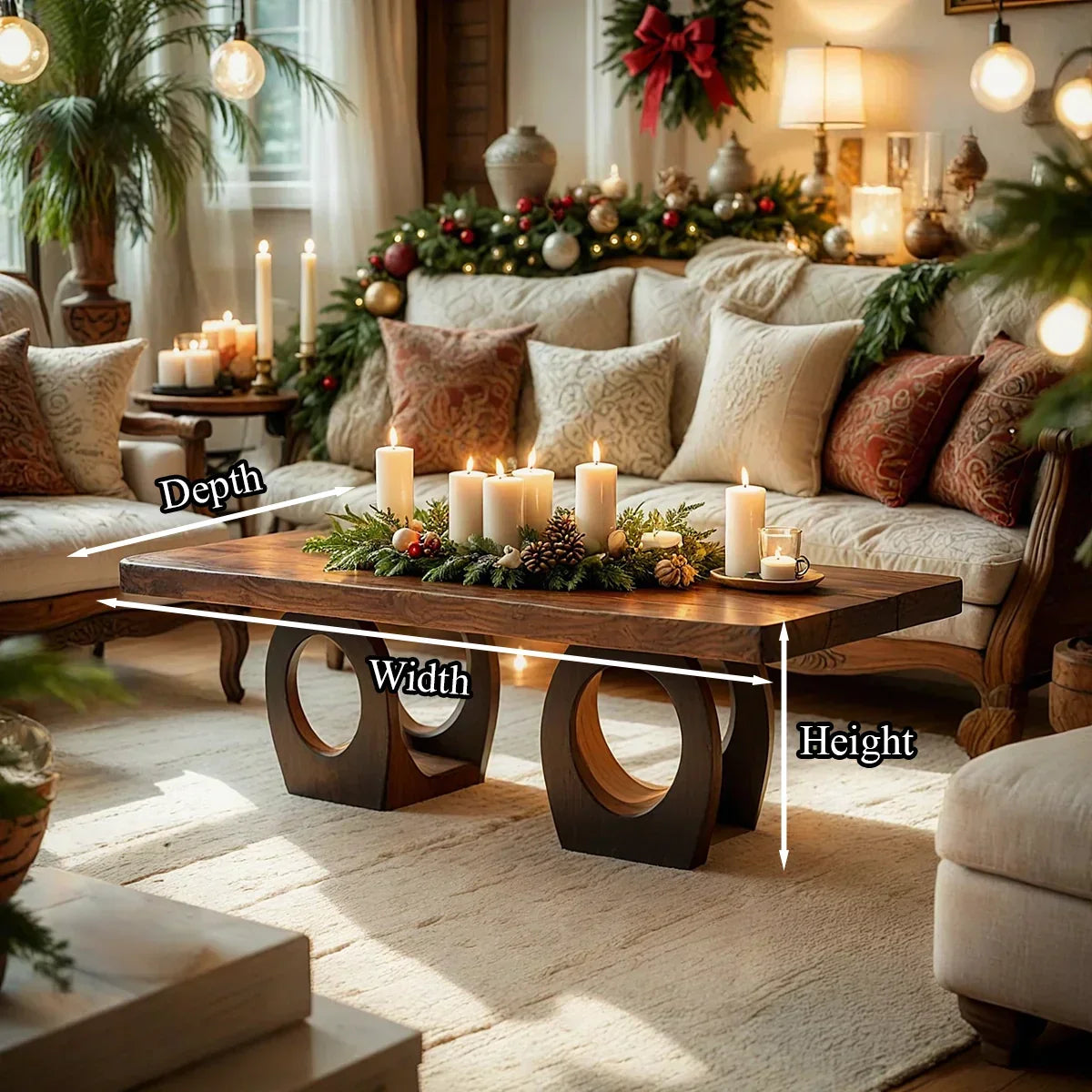 Natural Wood Coffee Table with Dual Circular Open Frame Base