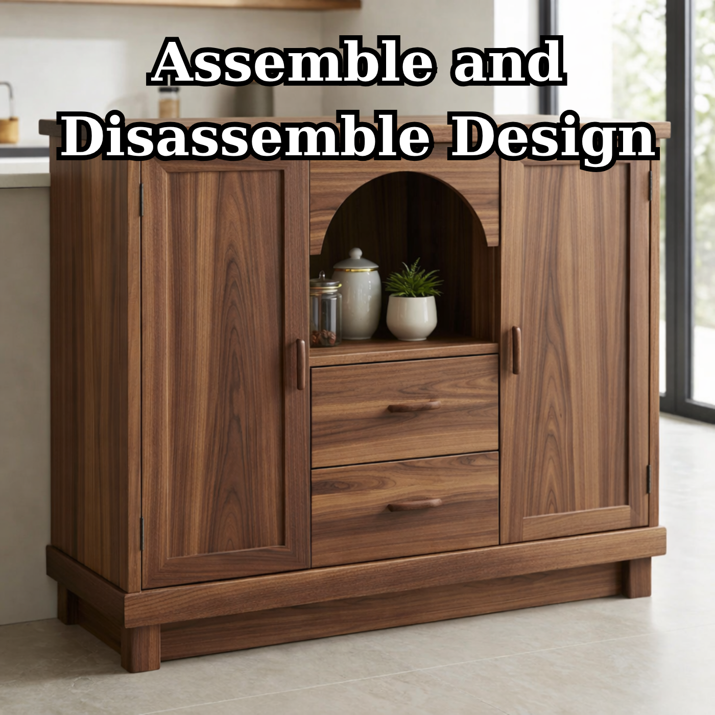 Solid Walnut Kitchen Island with Doors, Drawers & Arched Shelf