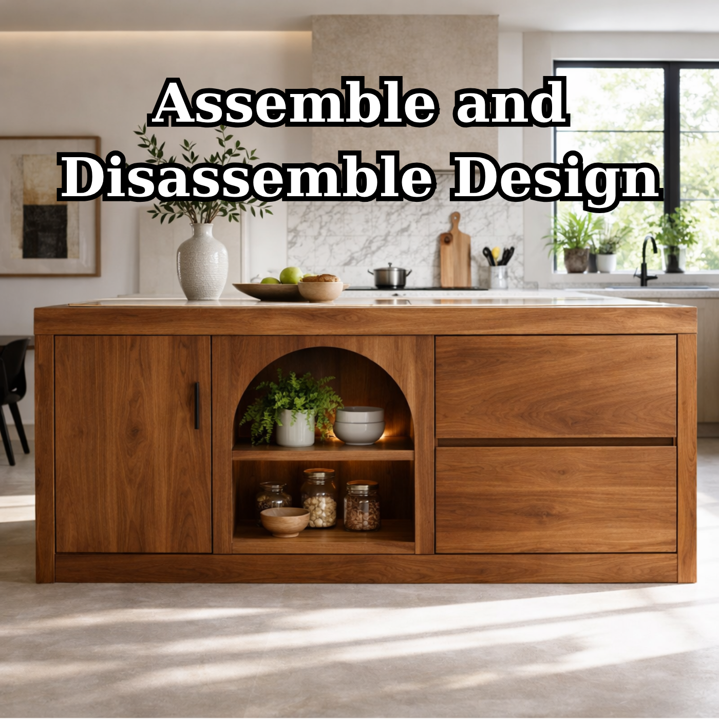 Solid Woood Kitchen Island with Arched Shelf, Drawer & Cabinet Storage