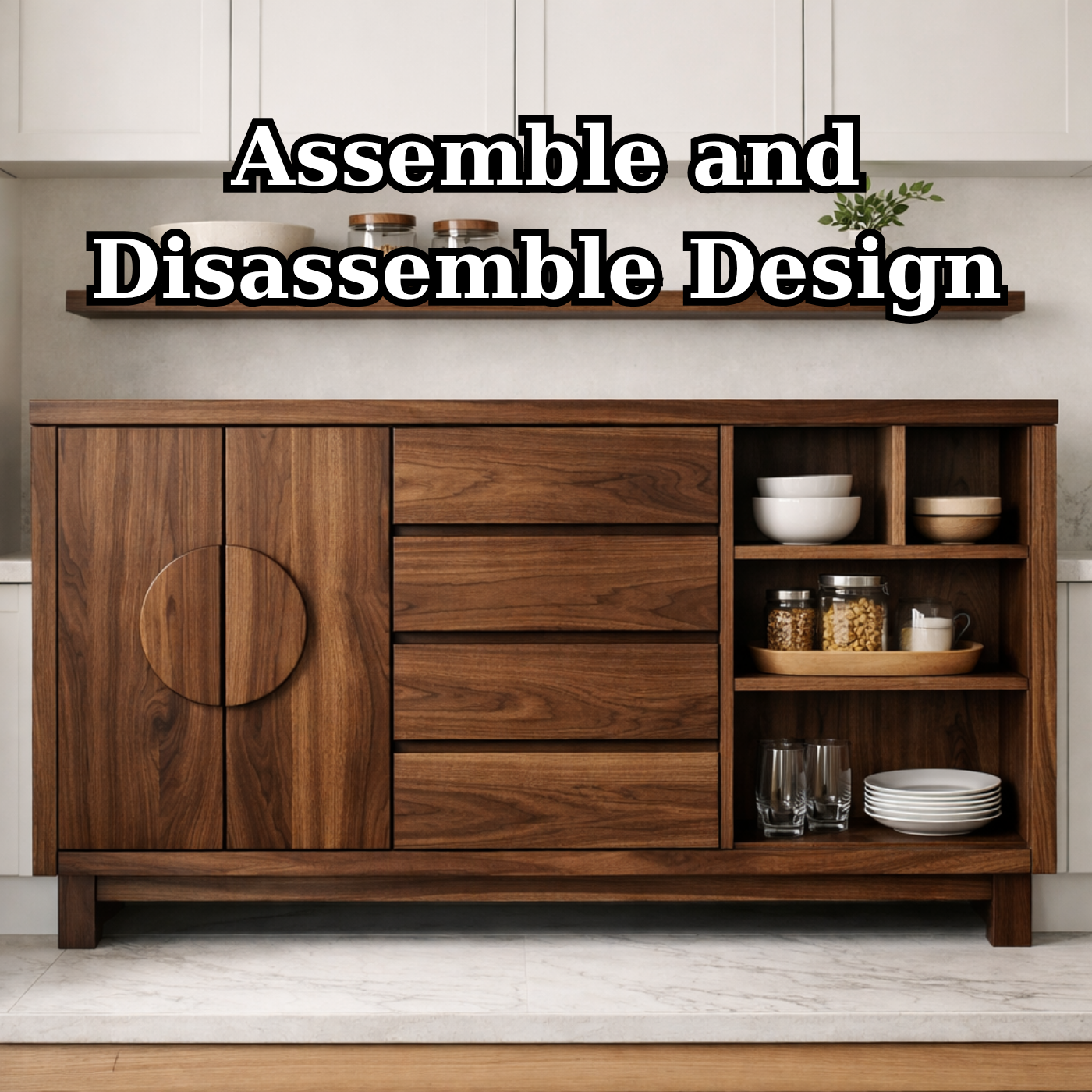 Solid Oak Kitchen Island with Round Handle Doors & Open Shelf Storage
