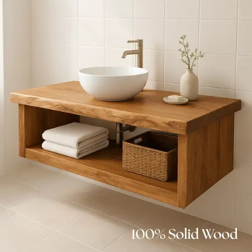 Handcrafted Floating Solid Wood Bathroom Vanity – Live Edge Countertop with Open Storage Shelf – Minimalist Natural Design Kitchnce